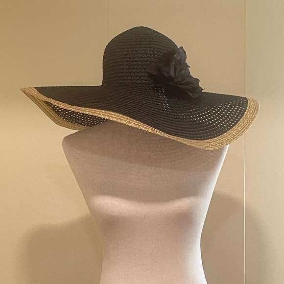 Apt. 9 Accessories - Apt 9 Floppy Straw Beach Sun Hat With Flower Vacation Summer Gold Black One Size
